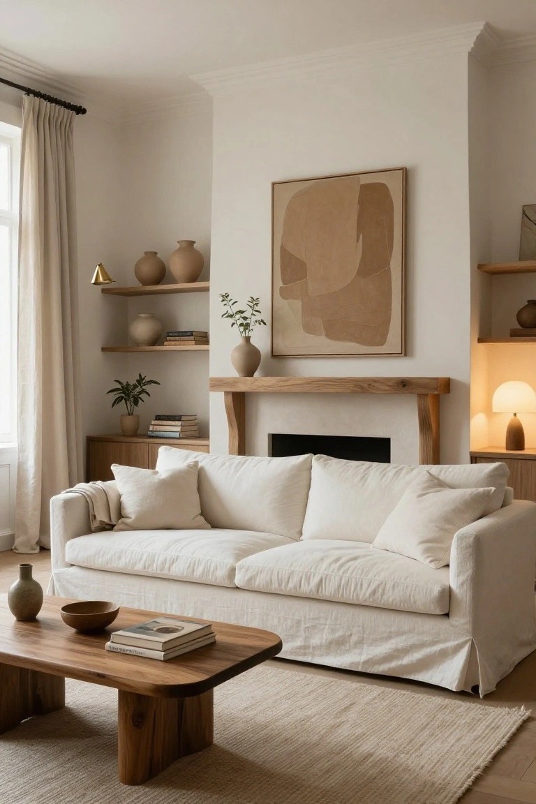 A cozy living room featuring a white linen sofa, wooden coffee table with books and bowl, oak mantel fireplace, floating wood shelves with terracotta pots and plants, large beige abstract wall art, sheer curtains, and neutral rug on hardwood floors.