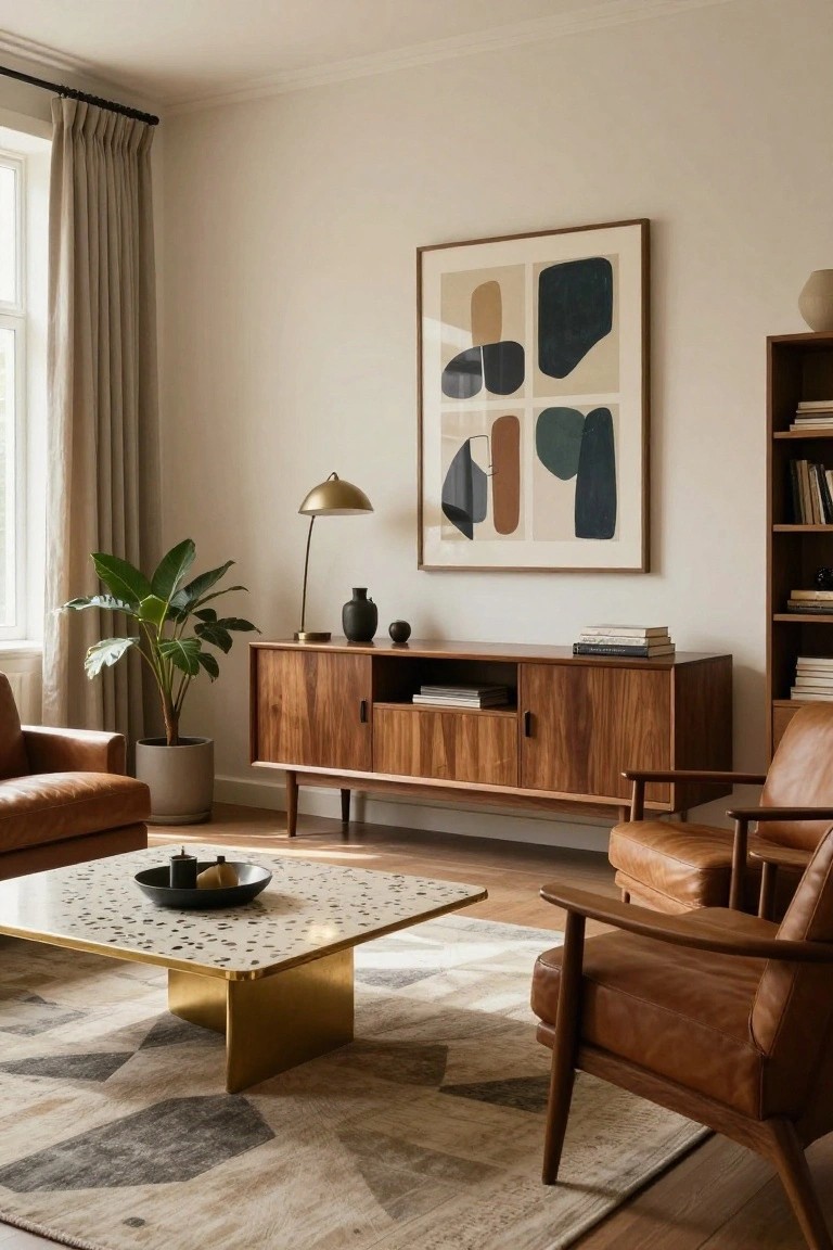 A living room with tan leather sofa and armchairs arranged around a brass-edged terrazzo coffee table, a low walnut credenza with TV and books, abstract geometric art on the wall, a potted banana plant, brass lamp, and neutral rug on wood floors.