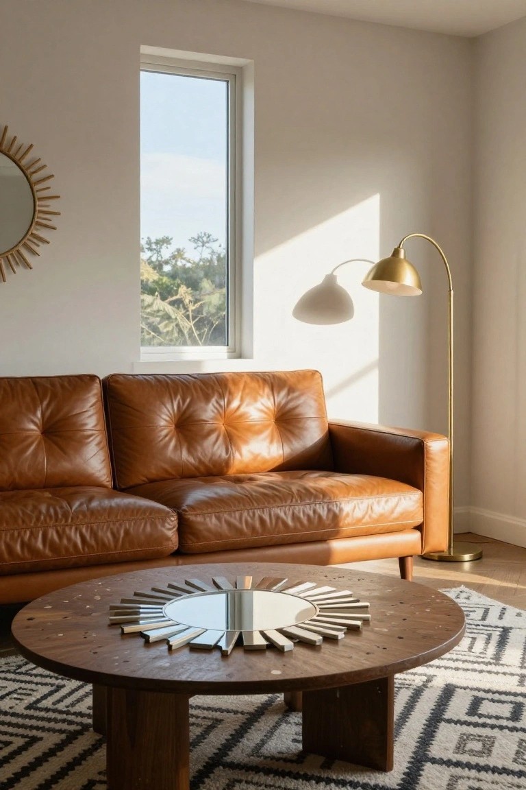 Tan tufted leather sofa in a light beige living room with round wooden coffee table featuring sunburst mirror inserts, gold arched floor lamp, sun mirror on wall, and window showing trees outside on patterned rug.
