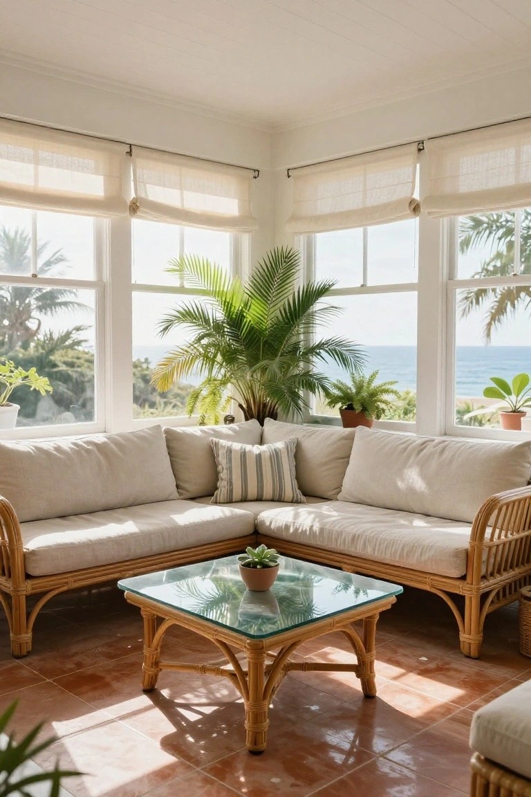 Corner L-shaped beige linen sofa with rattan frames, glass-top rattan coffee table holding a potted succulent, potted plants, and large windows showing palm trees and ocean view in a tiled room.