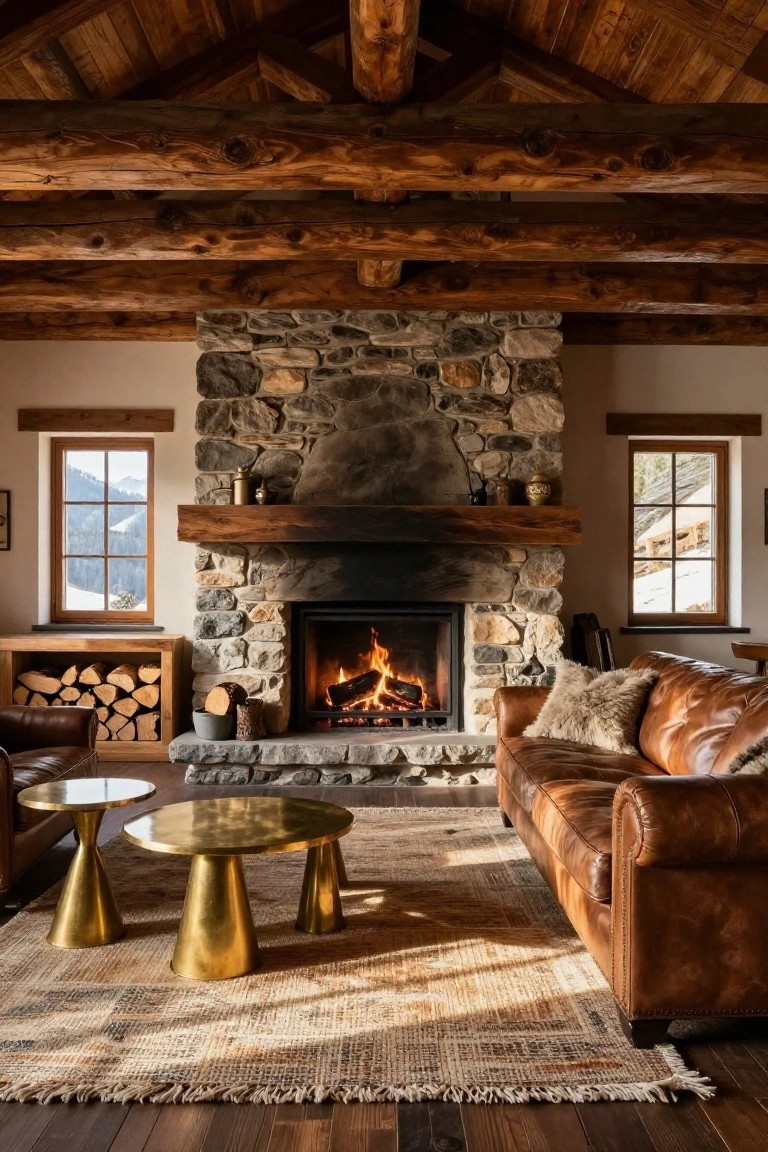 Rustic chalet living room with wooden beamed ceiling, large gray stone fireplace burning wood, long tan leather sofa with white furry pillows, two brass pedestal side tables, wood storage rack with logs, and two windows showing snowy mountains.