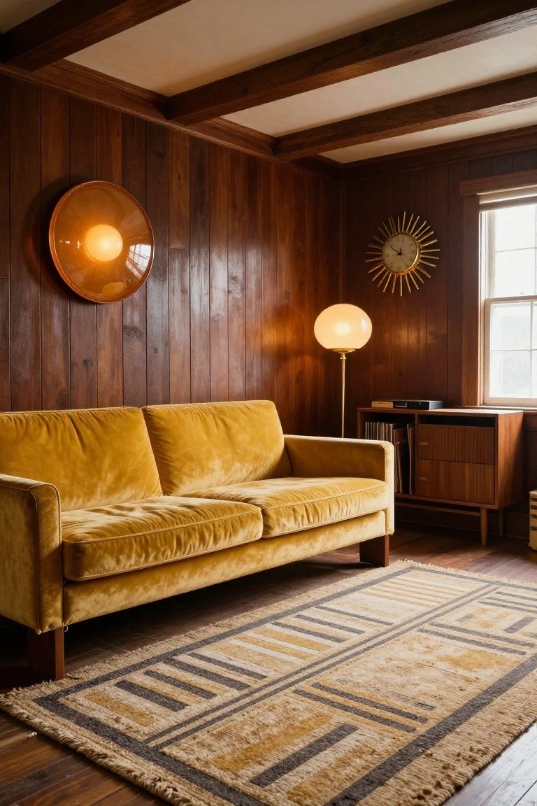 Mid-century living room with mustard velvet sofa, wood paneling, and geometric rug.