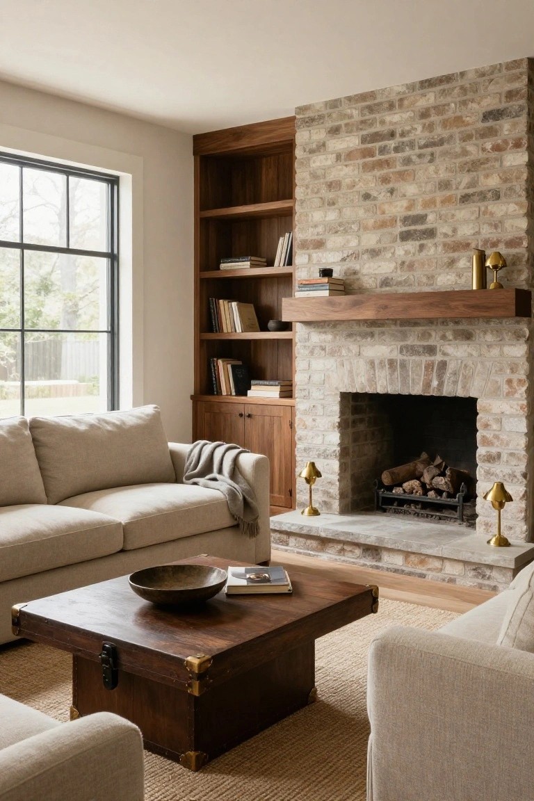 A living room with a long low-profile beige sofa facing a tall brick fireplace flanked by wooden built-in cabinets, a wooden trunk coffee table, brass lamps, and a jute rug.