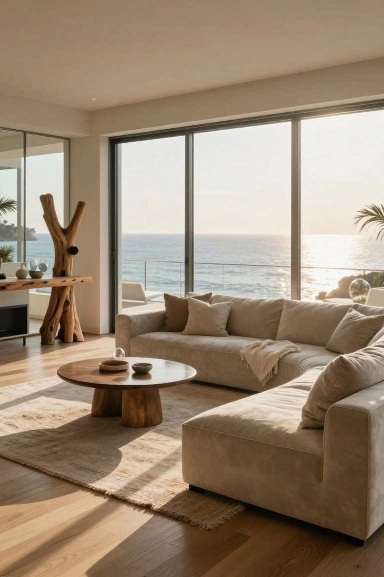 Beige L-shaped sofa on a light rug in a modern living room with wooden coffee table, driftwood side table, large glass windows overlooking ocean and balcony.