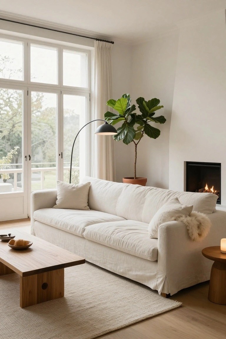 Long white sofa in a bright living room with large windows, tall fiddle leaf fig plant, low wooden coffee table, beige rug, and fireplace on white walls.