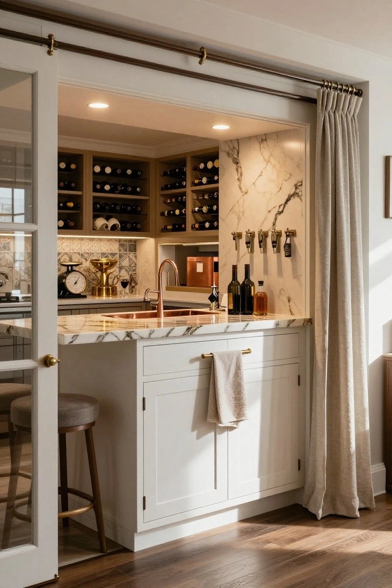 Indoor alcove home bar with extensive wooden wine racks on walls, white lower cabinets, marble countertops and backsplash, copper sink, brass taps and hooks, whiskey bottles on display, wooden bar stool, and surrounding glass doors with linen curtains.