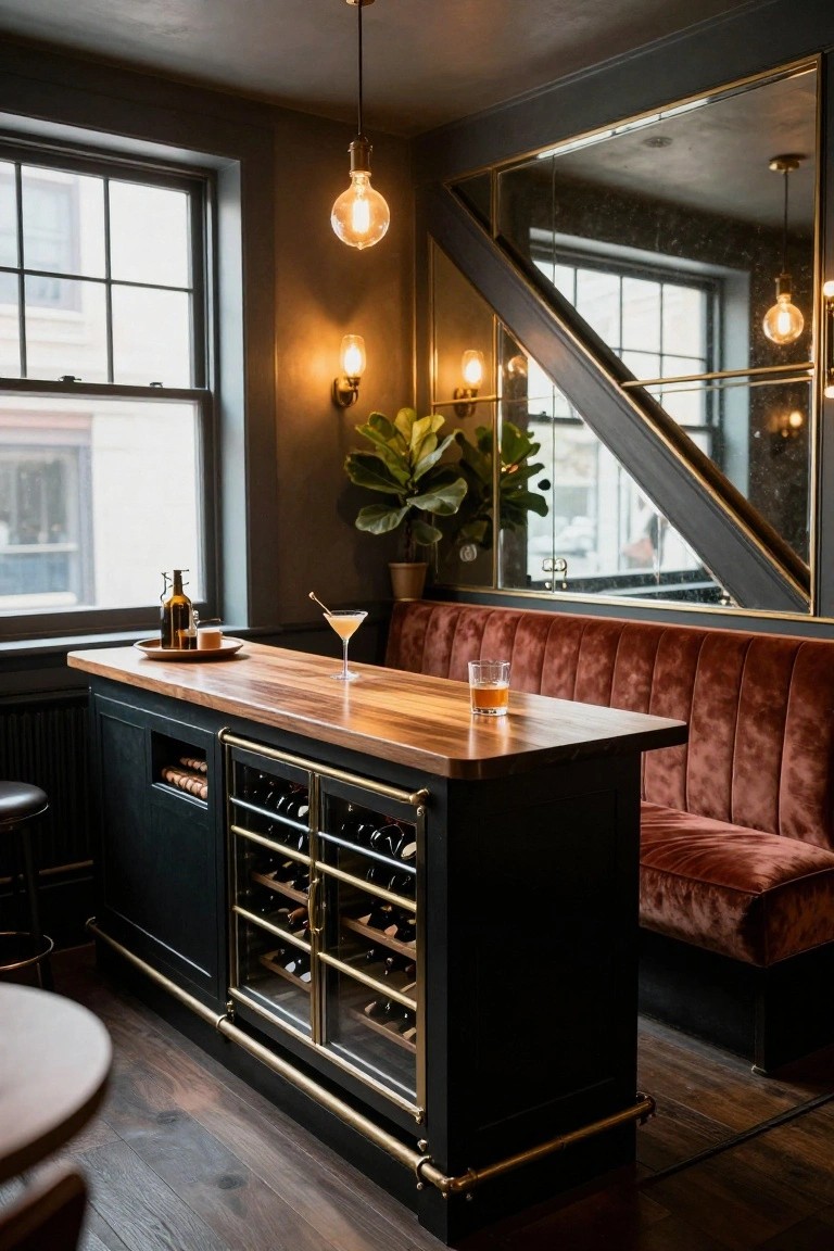 Interior corner of a room with a black bar cabinet featuring glass-fronted wine racks, wooden countertop holding glasses and bottles, bar stool, and adjacent red velvet bench under pendant lights and wall lamps.