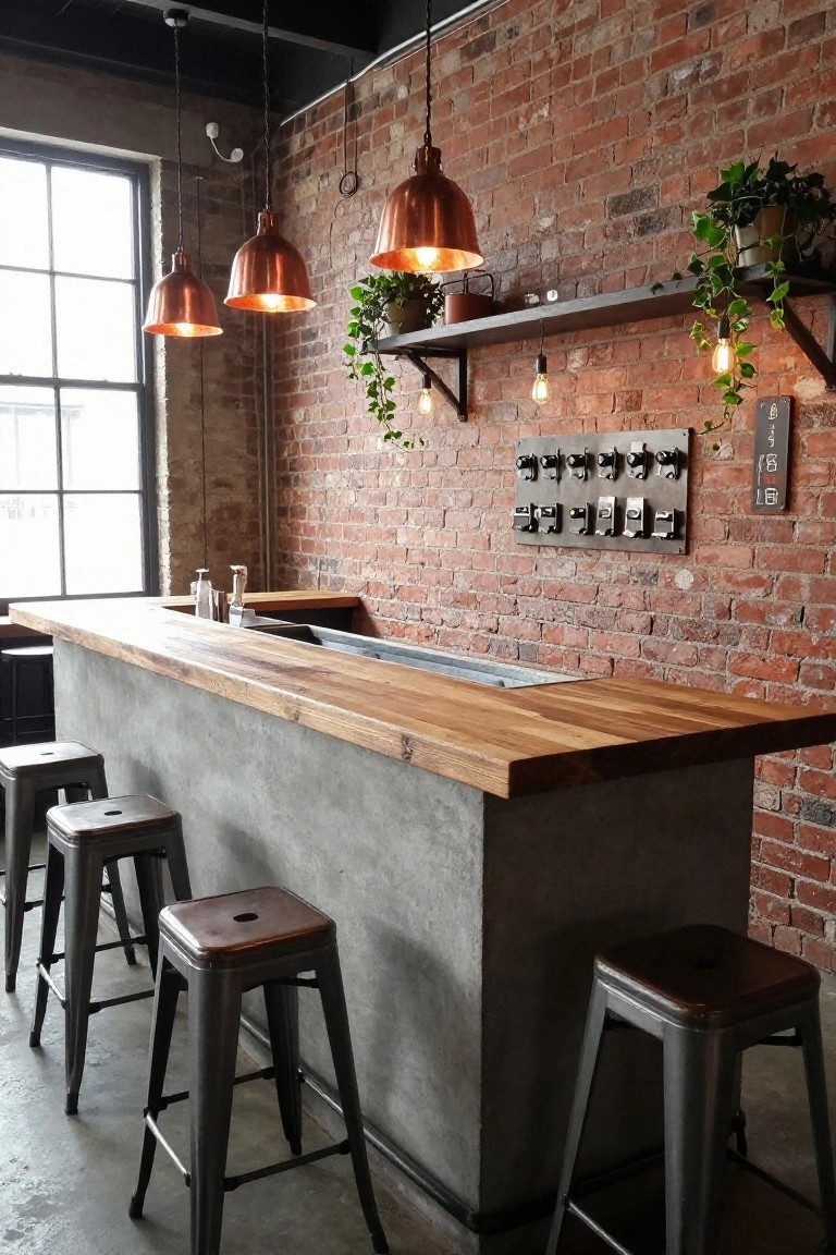 Home bar interior with gray concrete pedestal counter topped by light wood, four metal barstools, exposed brick wall, copper pendant lights, and potted plants on black shelves.