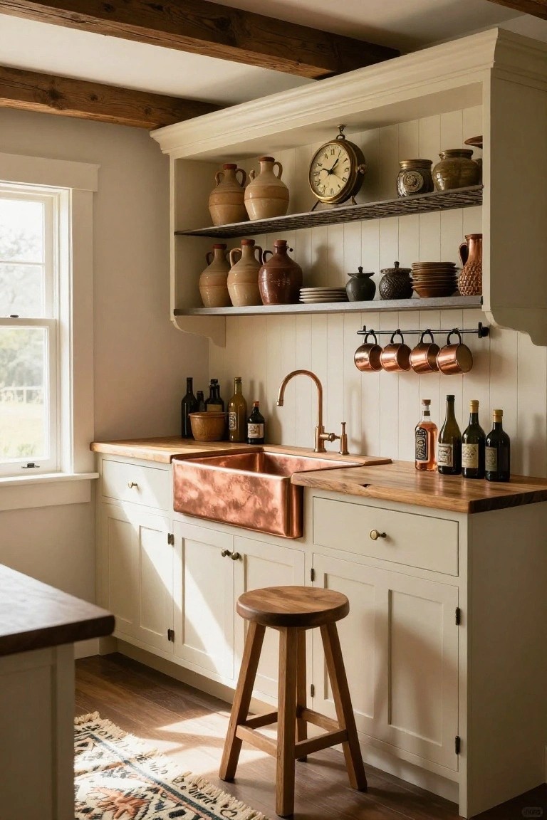 Kitchen with white cabinets, wooden countertop holding wine bottles, large copper apron-front sink, hanging copper mugs on wall, open shelves with pottery jars, wooden stool, and window light.