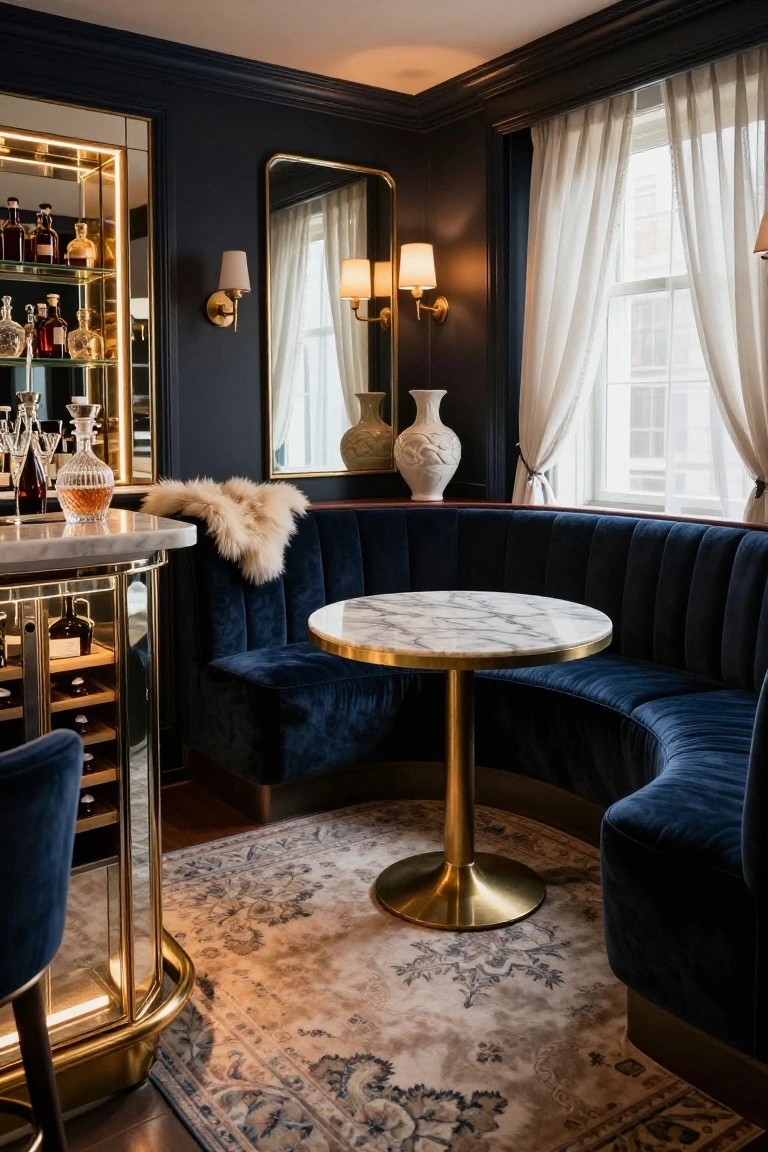 Corner home bar with navy blue velvet curved tufted banquette seating, round white marble table on gold pedestal base, backlit glass liquor cabinet, wine fridge, fur throw on seat, large white vase, and wall sconces.