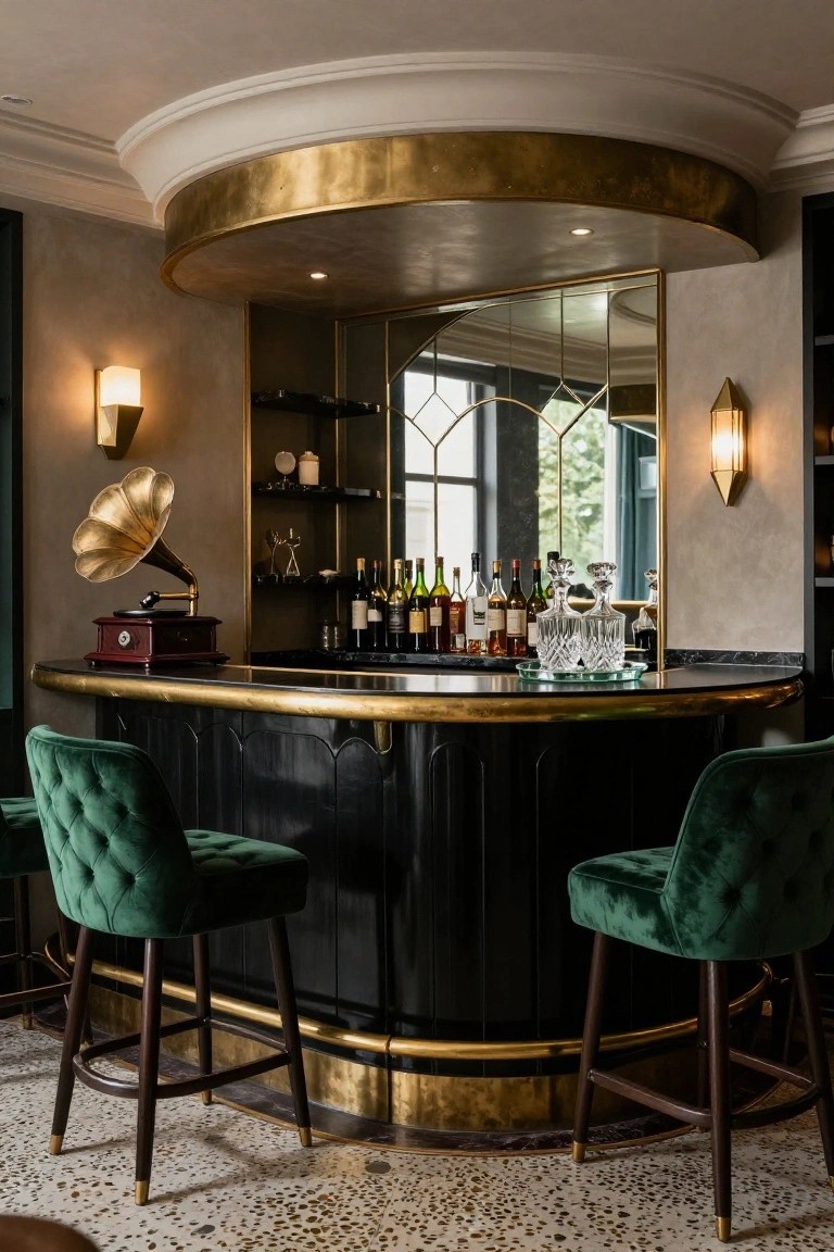 Curved black bar counter with gold brass trim and edging, flanked by two emerald green velvet barstools, a brass gramophone on one end, and shelves of liquor bottles in a mirrored alcove.