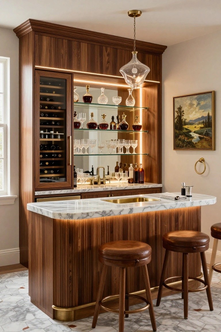 Custom walnut wood bar cabinet with integrated wine cooler, backlit glass shelves holding bottles and glasses, white marble countertop with gold sink, and two brown leather barstools in a light interior room.