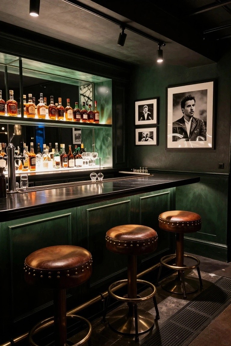 Interior of a home bar with dark green paneled walls and cabinets, black countertop, three leather barstools with brass bases, backlit shelves displaying liquor bottles, and black-and-white photos on the wall.