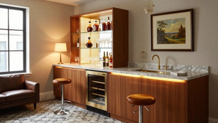 19 Luxurious Home Bar Ideas For A High-End Feel Custom walnut wood bar cabinet with integrated wine cooler, backlit glass shelves holding bottles and glasses, white marble countertop with gold sink, and two brown leather barstools in a light interior room.