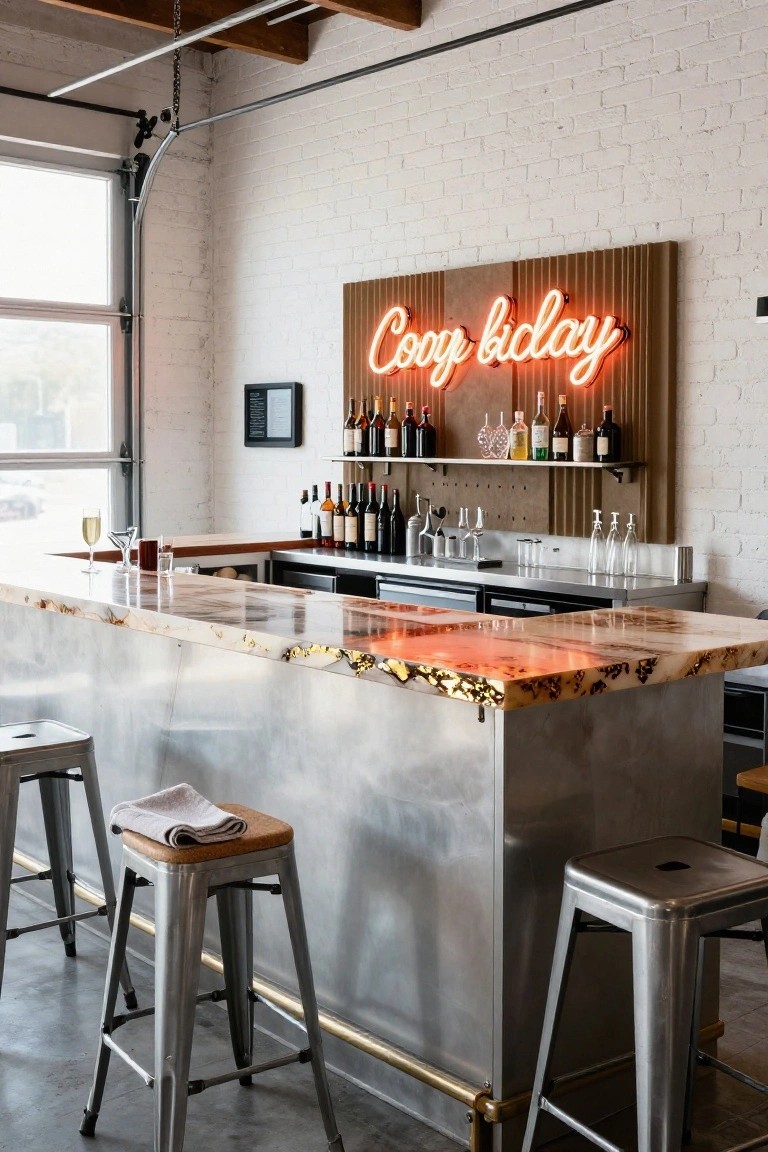 Modern industrial interior of a home bar with live-edge wooden countertop featuring gold veins on a tall metal base, orange neon