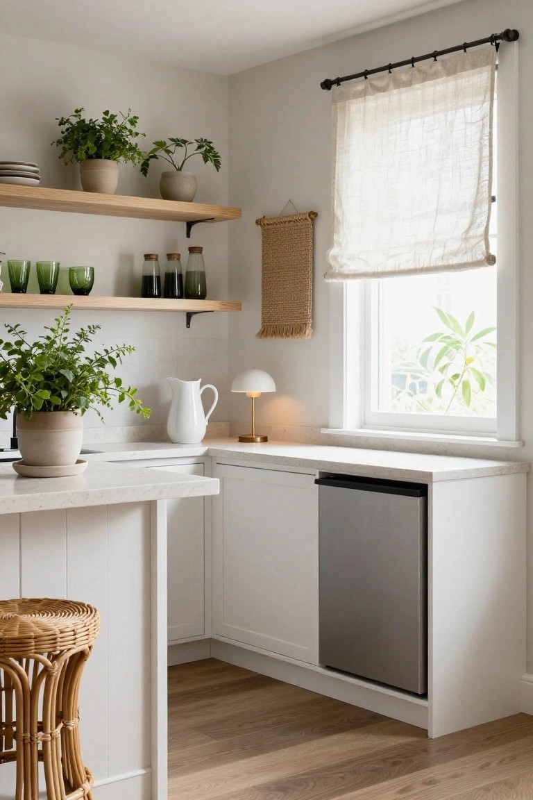 Corner of a white kitchen with oak open shelves displaying green glassware, bottles, and potted plants, under-counter stainless steel fridge in cabinetry, rattan bar stool at the island counter, white jug and lamp on countertop, and window with sheer curtains.