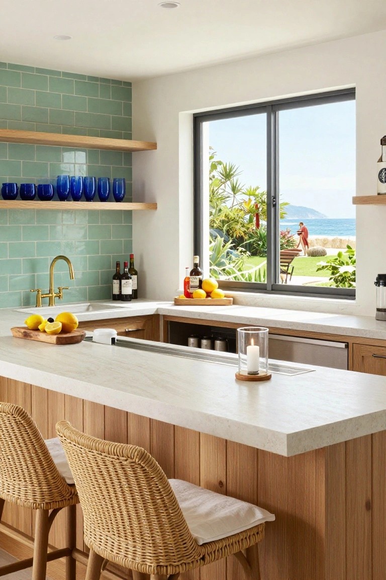 Kitchen with light wood island bar seating two rattan stools, teal subway tile backsplash, brass faucet, lemons on cutting board, and large window showing tropical plants ocean and beach.