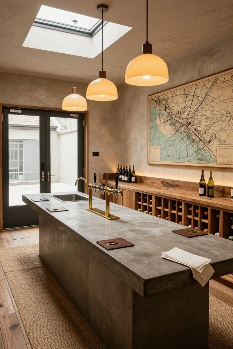 Home bar interior with central gray concrete island, golden brass draft beer taps, wooden cabinets and racks holding wine bottles, pendant lights overhead, and a large framed map on the textured wall.
