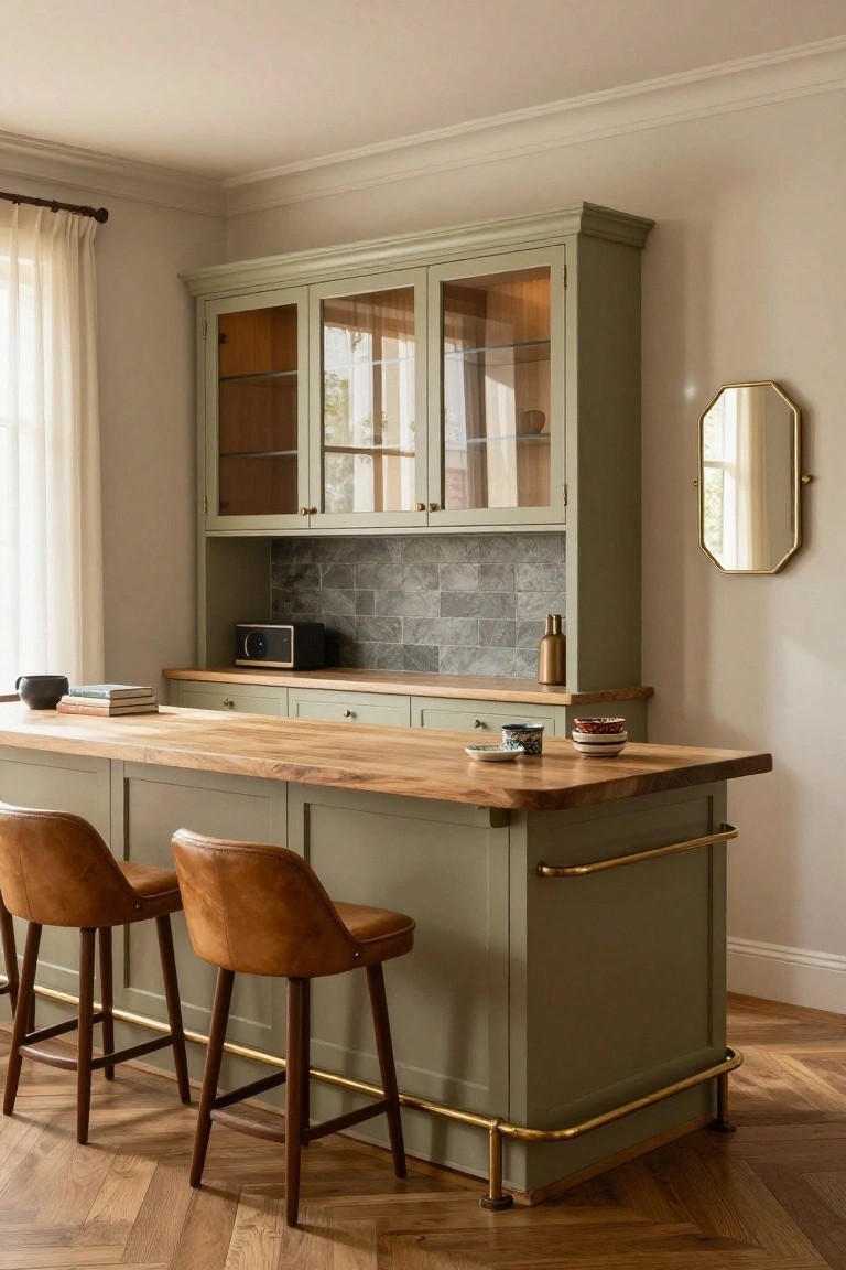 Sage green wooden kitchen island bar with oak wood countertop, two tan leather bar stools, brass pipe foot railing, adjacent glass-door cabinet, gray tile backsplash, and herringbone wood floor in a light room.