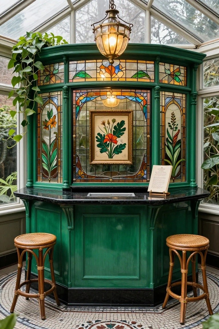 Emerald green wooden bar cabinet with multicolored stained glass panels depicting flowers and plants, a central framed artwork, rattan stools, potted greenery, and a hanging lantern in a glass conservatory room.