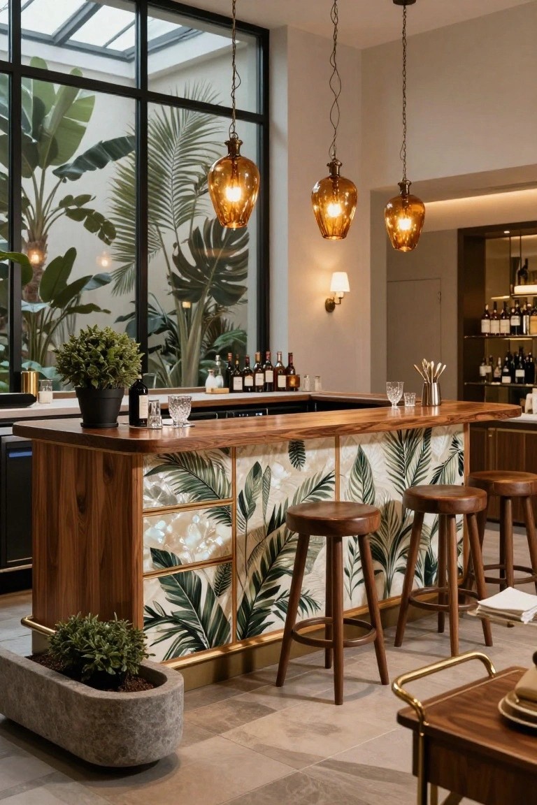 Wooden home bar counter with tropical leaf patterned panels on cabinets, wooden stools, amber glass pendant lights, wine bottles on shelves, and large windows showing potted plants.