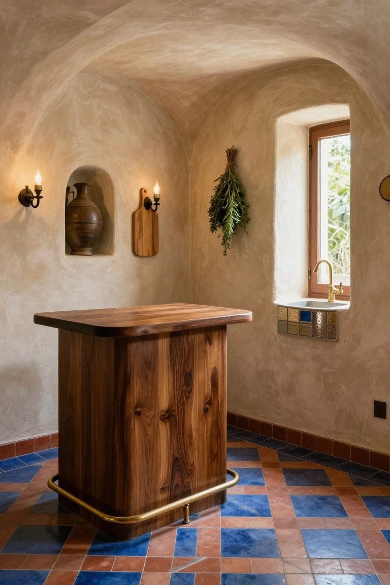 Cozy arched kitchen alcove with beige plaster walls, central wooden island bar on brass base, wall sconces with candles, terracotta pot, wooden cutting board, hanging herbs, window with brass faucet and tiled sink, and blue-red checkered tile floor.
