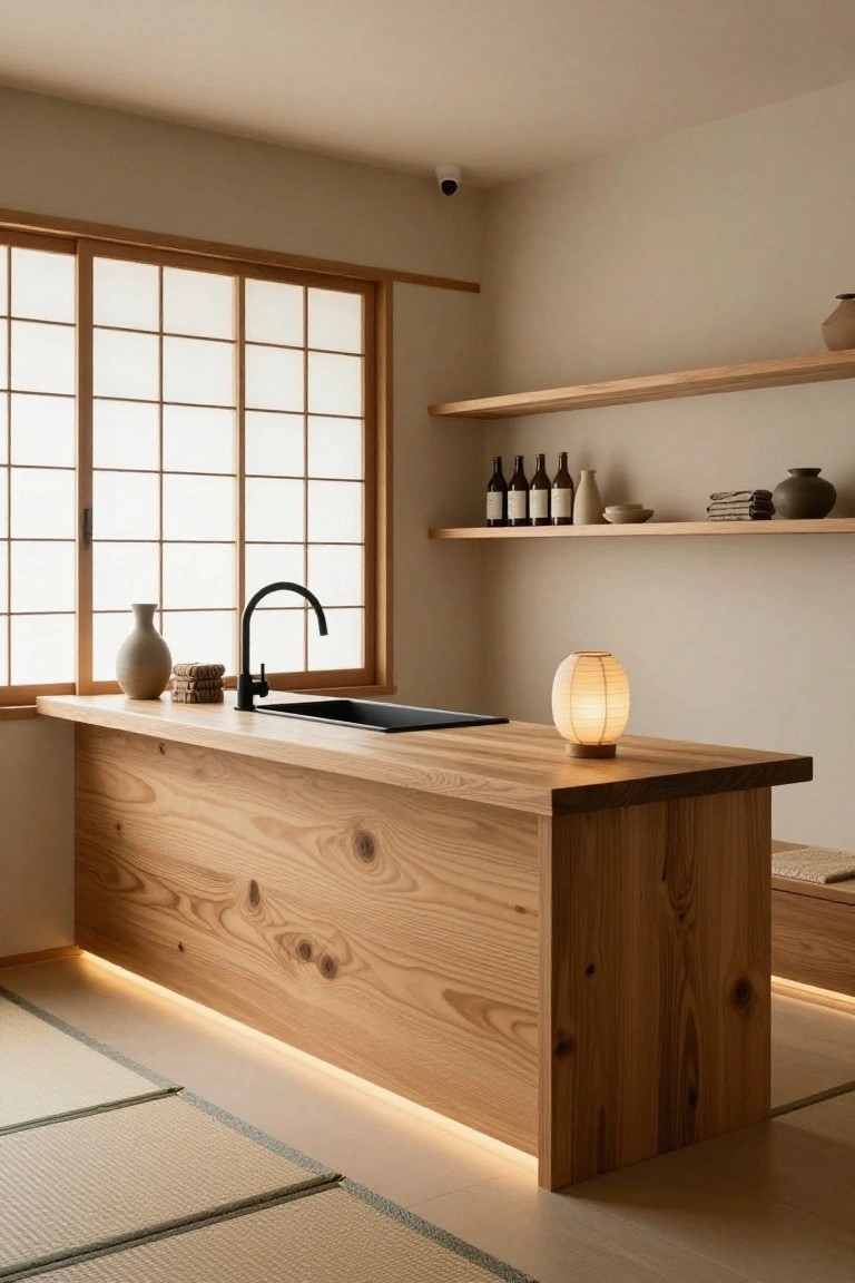Minimalist Japanese-style kitchen interior featuring a thick wooden counter with black sink, shoji window, bottle shelves, and underlit base.