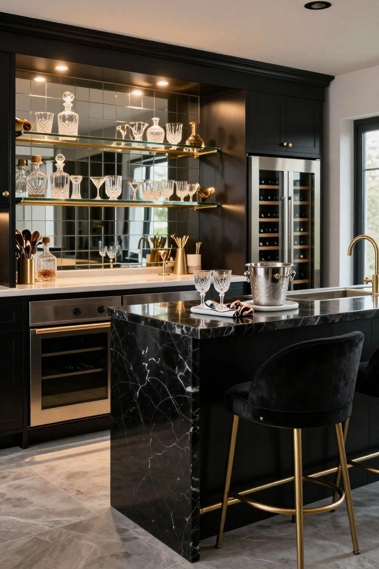 Black kitchen cabinets with illuminated glass shelves displaying crystal glassware and bottles, a black marble island with gold bar stools, wine refrigerators, and brass accents.