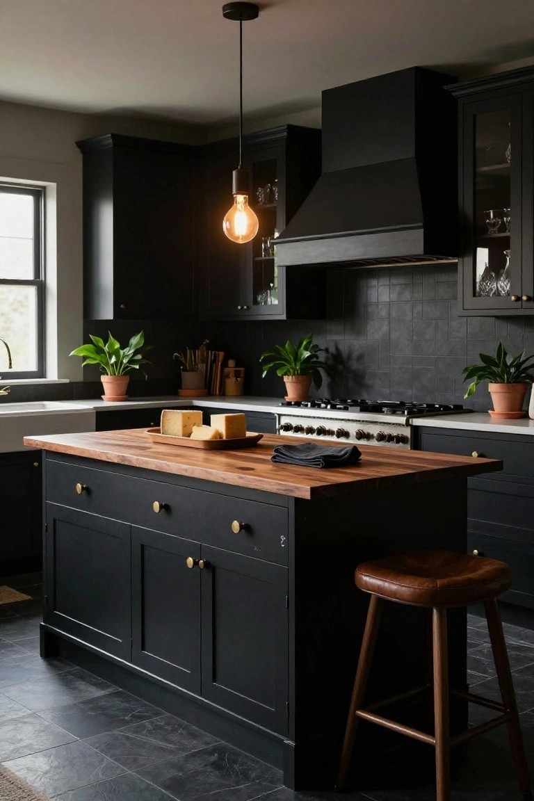 A kitchen with matte black cabinets, wooden island countertop topped with cheese and a towel, black range hood over stainless stove, potted plants, brass hardware, leather stool, and dark tile floor.