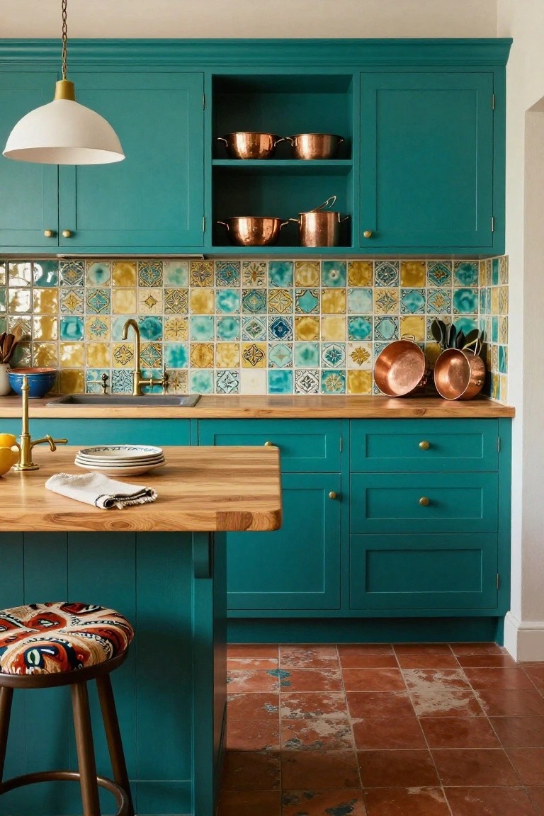 Kitchen interior with teal painted cabinets, wooden island countertop, colorful patterned tile backsplash, copper cookware on open shelves, brass faucet, and a patterned bar stool on terracotta tile floor.