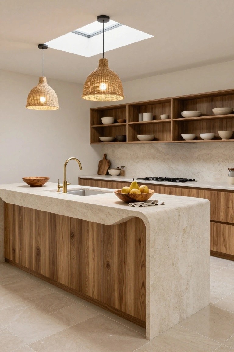 Modern kitchen with curved light wood island topped in white stone, gold faucet, woven pendant lights hanging above, wood cabinets, white walls, and skylight.