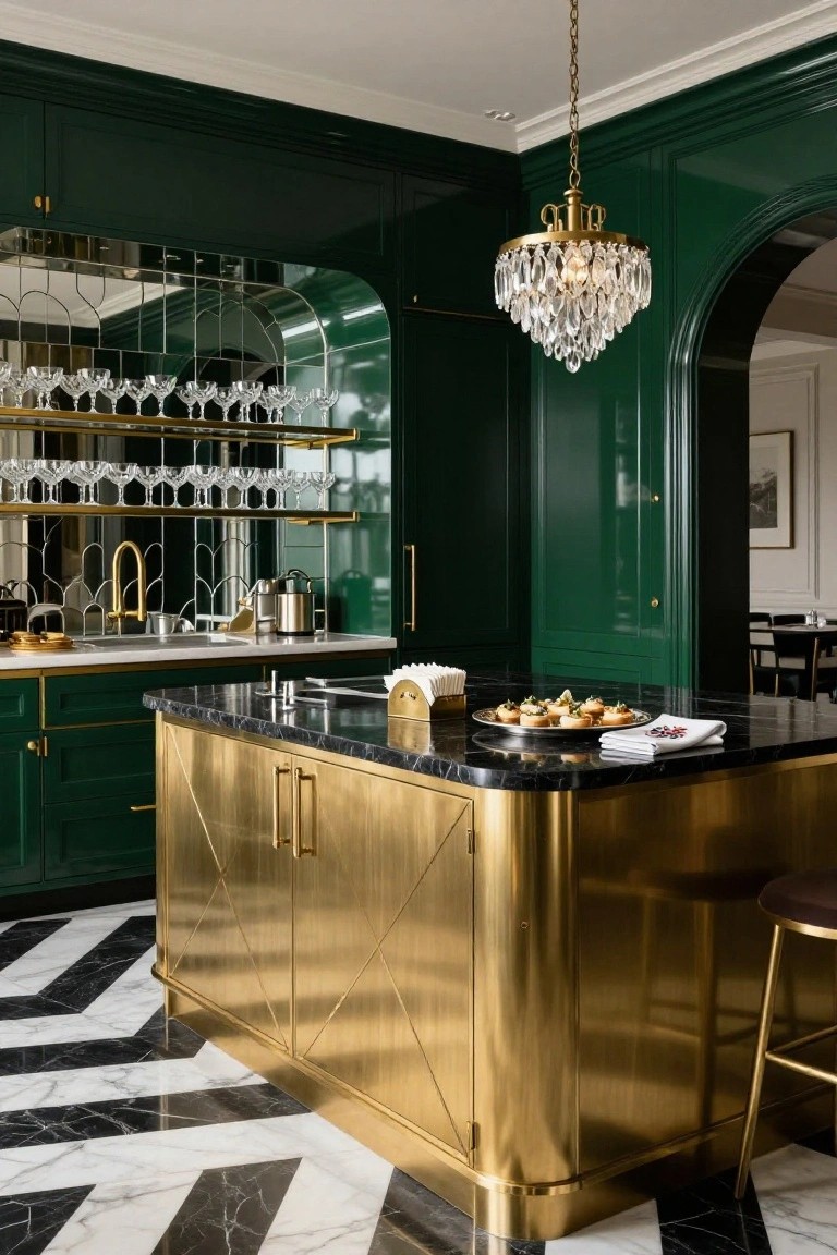 Kitchen interior with emerald green paneled walls and cabinets, curved mirrored bar back with glassware shelves, brass-framed island topped in black marble, crystal chandelier, and black-and-white marble checkered floor.