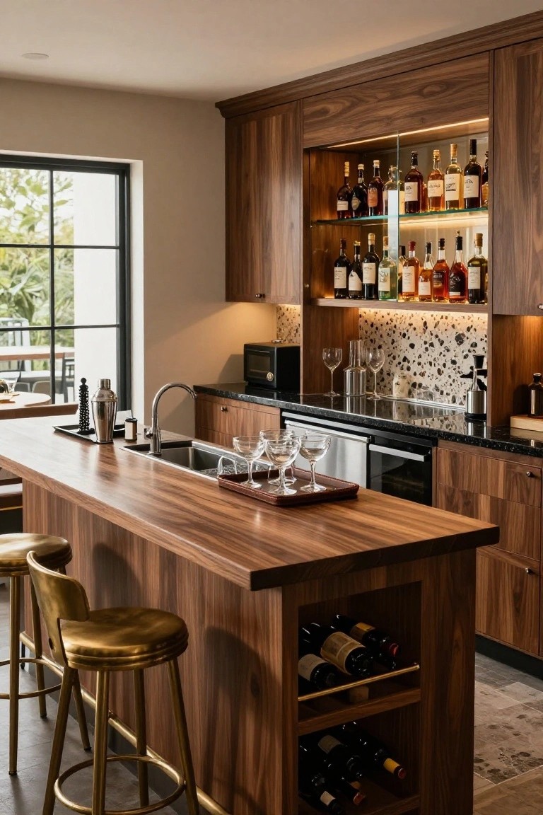 Modern kitchen bar area with walnut cabinets featuring backlit glass shelves displaying liquor bottles, wooden island with integrated sink and gold bar stools, speckled backsplash, and wine storage below the counter.