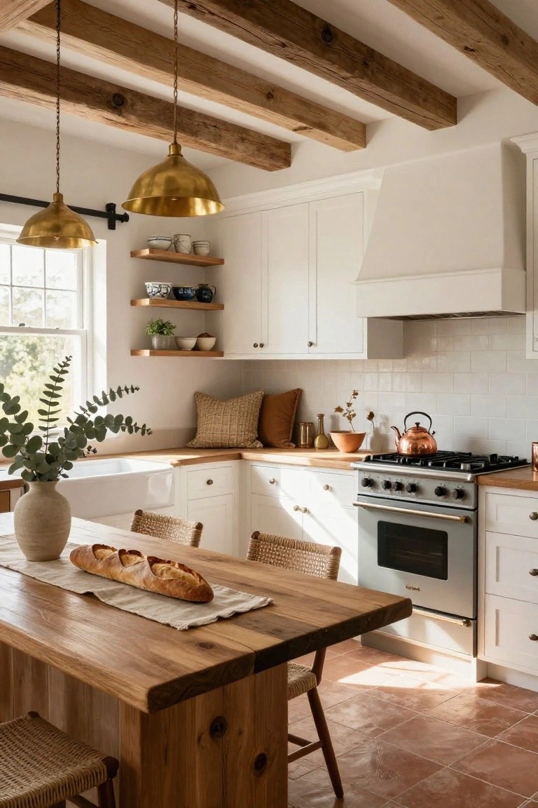A bright kitchen interior with white shaker cabinets, exposed wooden ceiling beams, brass pendant lights, wooden island table with rattan chairs, farmhouse sink, and copper kettle on gas range.