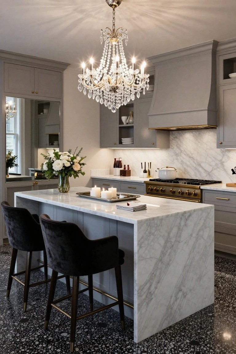 Luxurious kitchen interior with gray cabinetry, white marble waterfall island, two black velvet bar stools, brass six-burner range, crystal chandelier, and black terrazzo flooring.