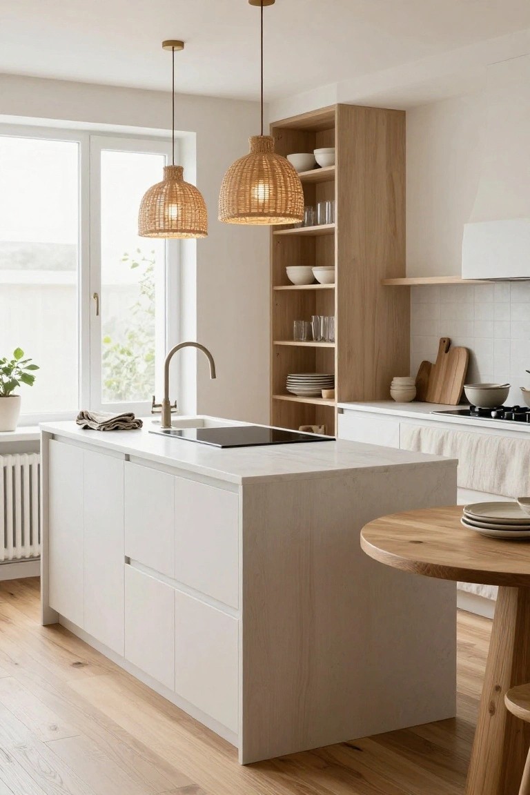Bright modern kitchen with large white central island, wooden stools at one end, two rattan pendant lights above, open oak shelving unit nearby, and large window with plants.