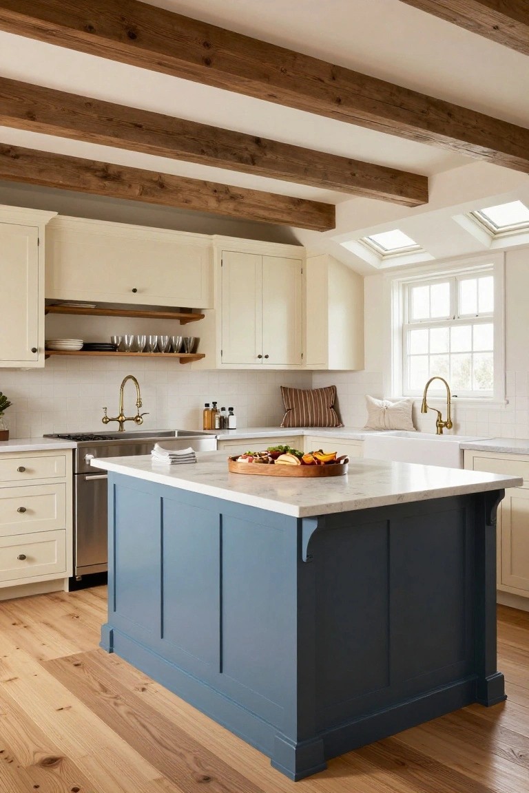 Kitchen interior with exposed wooden ceiling beams, creamy white cabinets, white subway tile backsplash, brass faucets, stainless steel appliances, and a central navy blue paneled island topped with white marble holding a wooden tray of fruit.