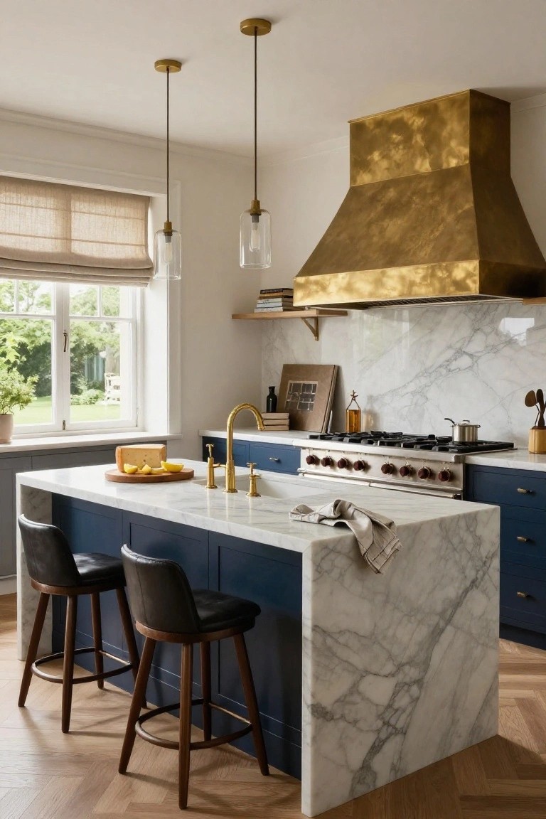 A luxury kitchen with navy blue lower cabinets on a white marble island, two black leather bar stools, brass range hood over a stainless steel range, gold faucet, and large window with garden view.