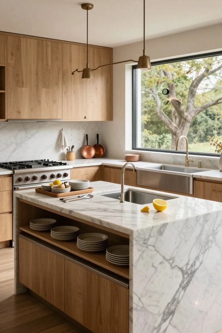 Light oak wood kitchen cabinets and island base with white veined marble countertops and backsplash, farmhouse sink, gas range, hanging brass pots, and large window with view of trees.