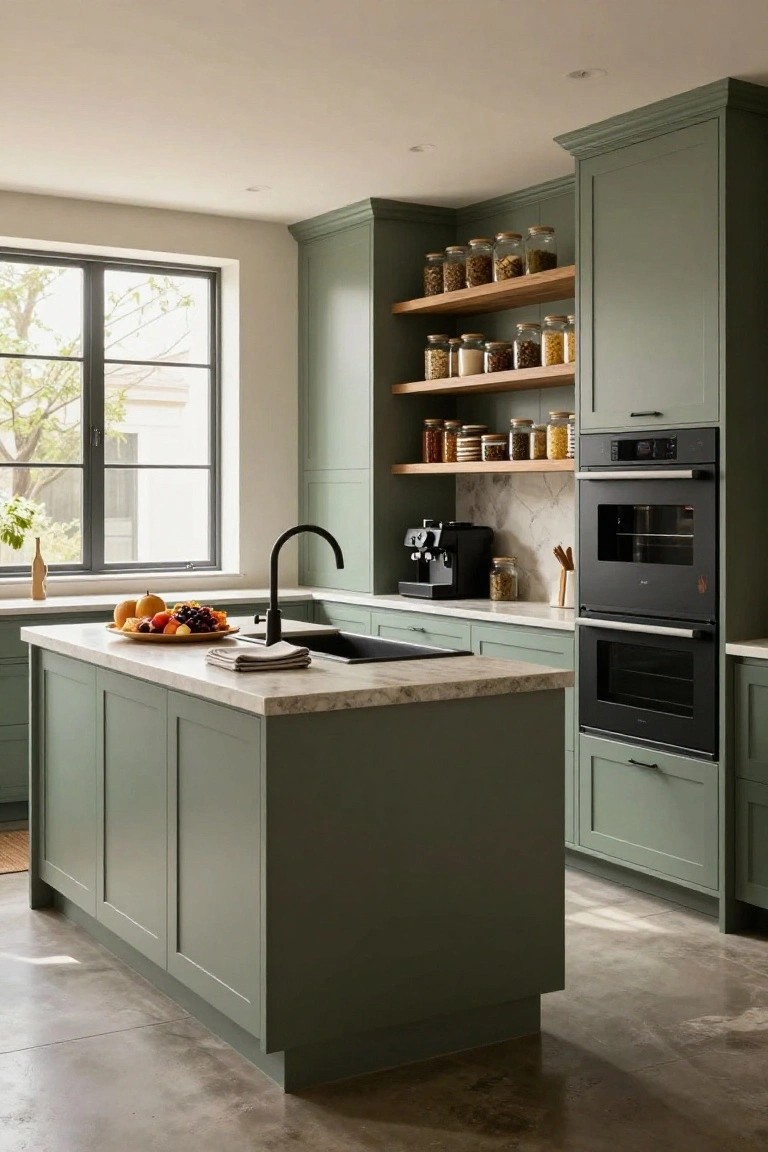 Modern kitchen interior with sage green shaker cabinets on perimeter and island, white veined countertops, black double wall ovens, black faucet sink, espresso machine, open wood shelves holding jars, fruit platter on island, and large window with tree view.