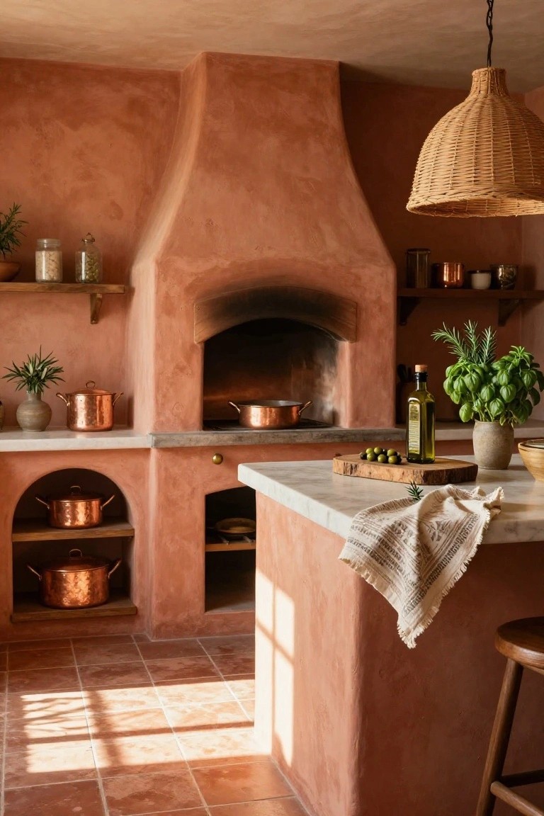 Rustic kitchen interior with terracotta plaster walls, arched built-in wood-fired oven, copper pots on niches and shelves, marble island countertop with wooden board of olives, potted herbs, rattan pendant light, and terracotta tile floor.