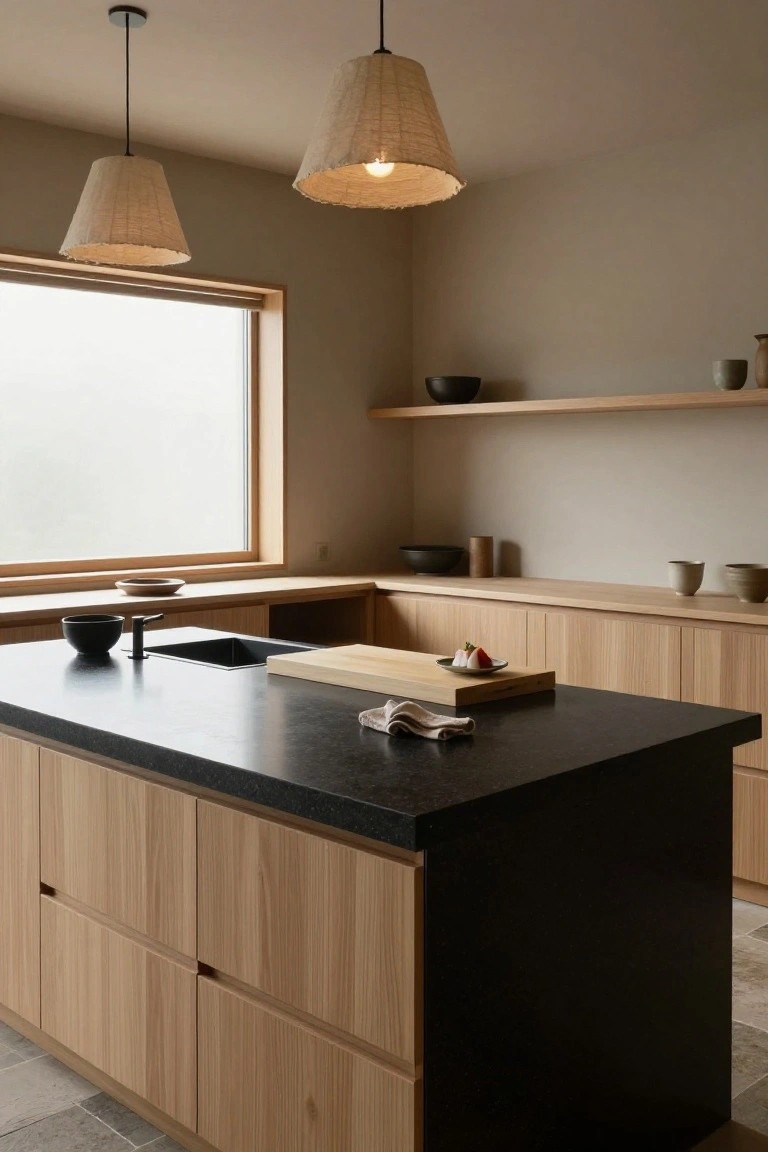 Kitchen interior with light wood cabinets and island featuring black countertop, sink, black bowl, wooden cutting board with sliced fruit and vegetables, open wood shelves with ceramic pottery, rattan pendant lights, and large window with beige walls and wood flooring.
