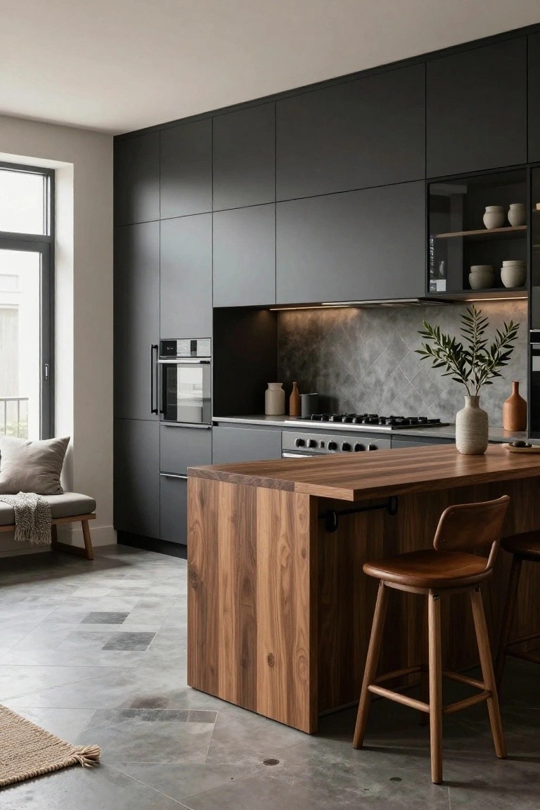 Modern kitchen with tall matte black cabinets, large wooden island peninsula, wooden bar stools, gray tiled backsplash, and a window with view outside.