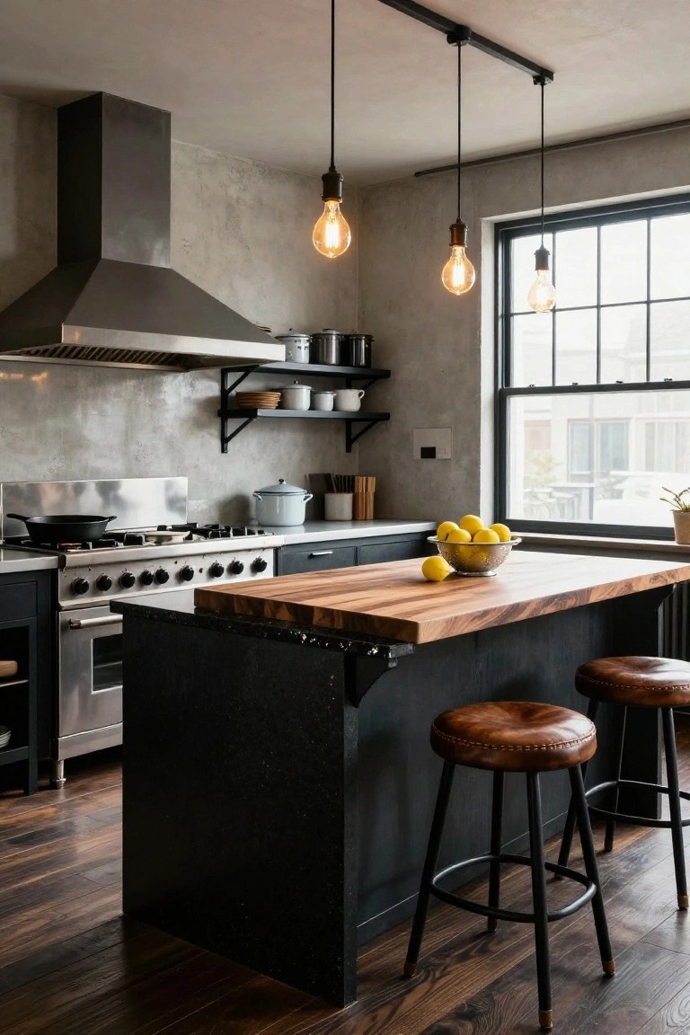 Contemporary kitchen interior with black cabinetry, a large island featuring thick wooden butcher block countertop and two brown leather bar stools, stainless steel range oven, and industrial pendant lights.
