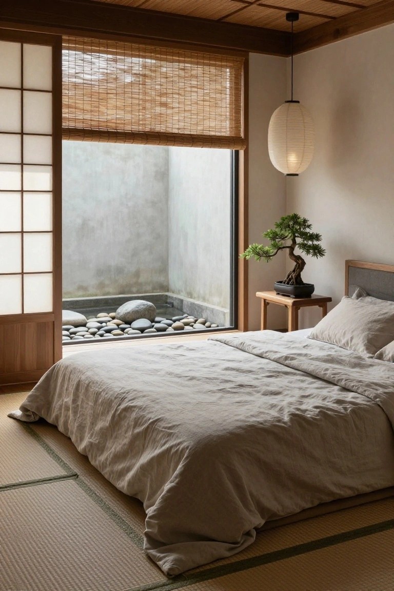 A minimalist Japanese-style bedroom with low linen bed on tatami mats, shoji doors open to a concrete courtyard rock garden with pebbles, large stones, and bonsai tree on wood side table, paper lantern hanging from wooden ceiling beams.