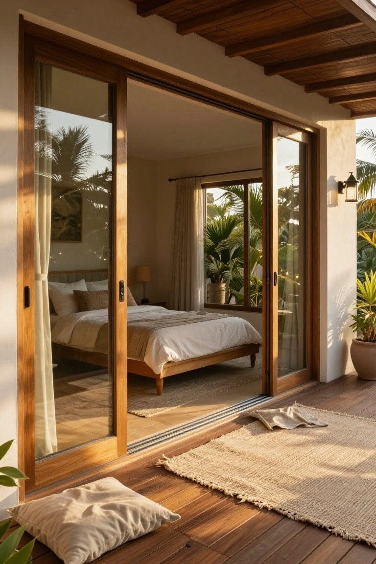 Open wooden sliding glass doors from a bedroom with a low wooden bed, white bedding, tan throw, lamp, and curtains, leading to a wooden deck with beige rug, pillows, and nearby tropical plants and palms.