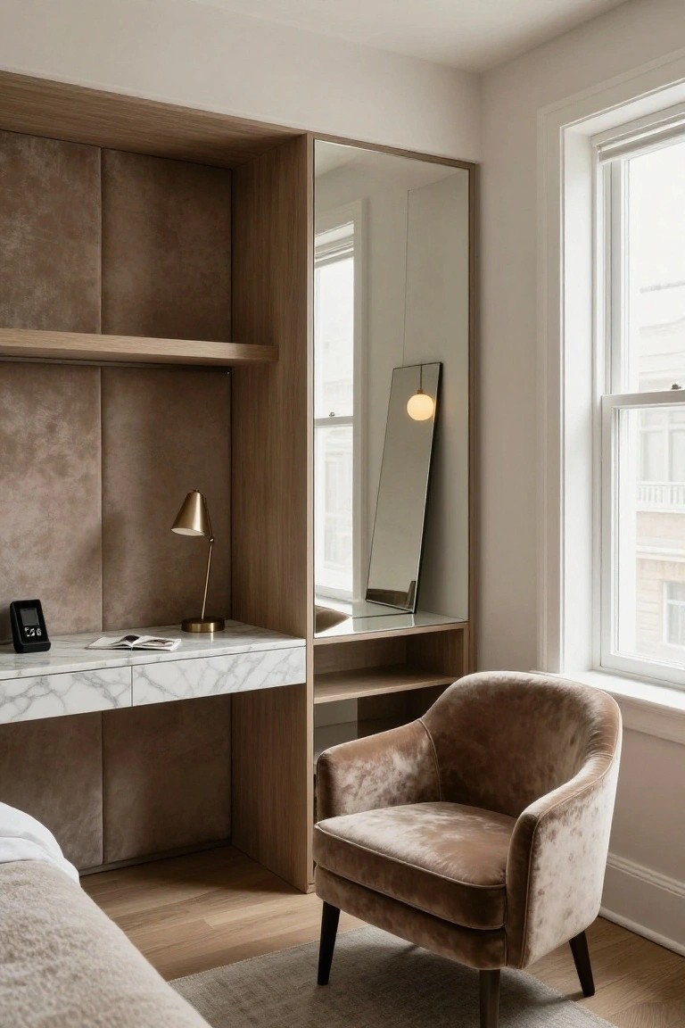 Light wood built-in wardrobe with beige upholstered panels and white marble floating vanity desk in a modern bedroom corner, next to a full-length mirror, gold desk lamp, brown velvet armchair, bed, hardwood floor, and window.