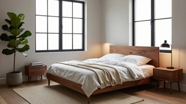 Modern bedroom interior featuring a low-profile wooden platform bed with white linens and tan throw, wooden nightstand with lamp and books, large potted fiddle leaf fig plant, and floor-to-ceiling black-framed windows overlooking misty trees and landscape.
