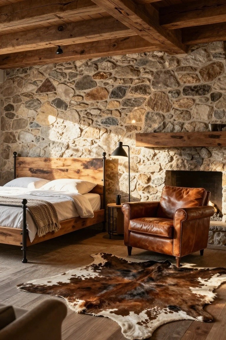 Rustic bedroom interior with exposed stone walls, wooden beam ceiling, iron-post wood bed with white bedding and throw, brown leather armchair beside stone fireplace with floor lamp and side table, cowhide rug on wood floor.