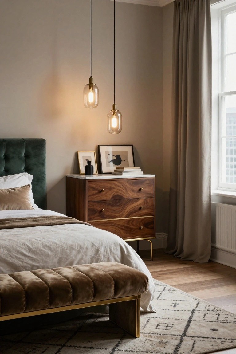 Elegant bedroom with walnut dresser, green velvet headboard, and pendant lights.